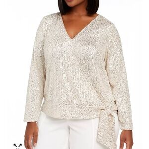 INC International Concepts Stretchy, Sequin, Surplice Top, Light Gold, 3X